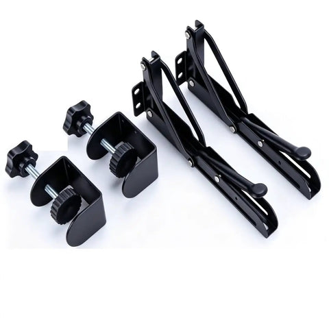 Heavy Duty Foldable Shelf Brackets For Desk Extension Clamps Punch Free Tabletop Mount Black Steel collapsible supports set.