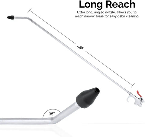 Long Reach Pneumatic Air Blow Gun With 24 Inch Angled Aluminum Nozzle Pistol Grip Trigger Quarter Inch NPT Inlet Rubber Tip