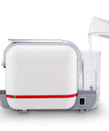 Side view of a compact capsule espresso machine for home or office, 20 bar pressure, 500ml water tank being filled, auto mini pod coffee maker.