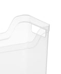 Close-up of a Clear Plastic Shelf Bin Organizer With Open Top Handles For Easy Closet, Cabinet And Pantry Storage Stackable Totes, Narrow Design