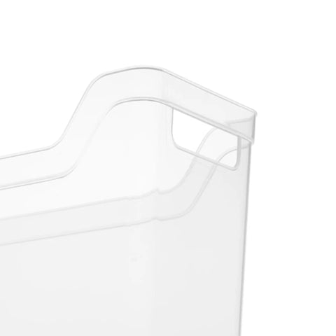 Close-up of a Clear Plastic Shelf Bin Organizer With Open Top Handles For Easy Closet, Cabinet And Pantry Storage Stackable Totes, Narrow Design