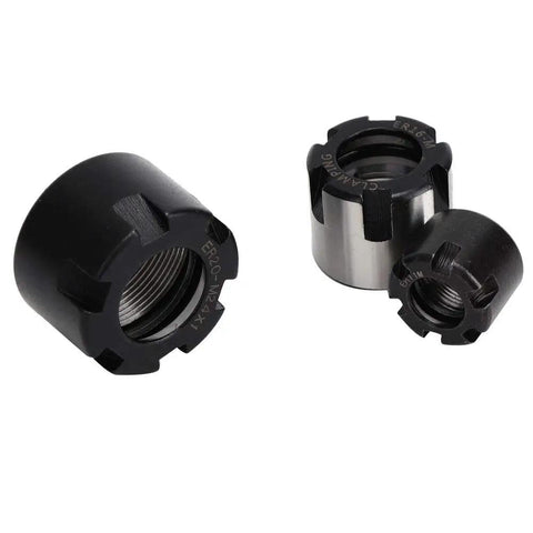 Durable Steel CNC Collet Nuts for Woodworking Machines that Fit ER11M ER16M ER20M, 3-piece set with black and silver finish.