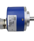 Side view of Absolute Rotary Encoder GM400Z33 For Industrial Grade Precision Tough As Nails Build Rugged And Reliable Easy Installation And Maintenance Elevator Ready Harsh Environment Ready High Accuracy Long Life Low Downtime with blue casing and metal components.