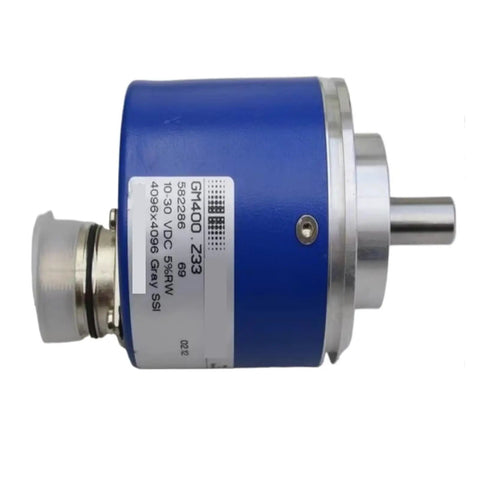 Side view of Absolute Rotary Encoder GM400Z33 For Industrial Grade Precision Tough As Nails Build Rugged And Reliable Easy Installation And Maintenance Elevator Ready Harsh Environment Ready High Accuracy Long Life Low Downtime with blue casing and metal components.