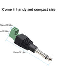 Heavy Duty No Sweat Solderless Quarter Inch Mono Audio Jack with dimensions for guitar amplifier wires installation.