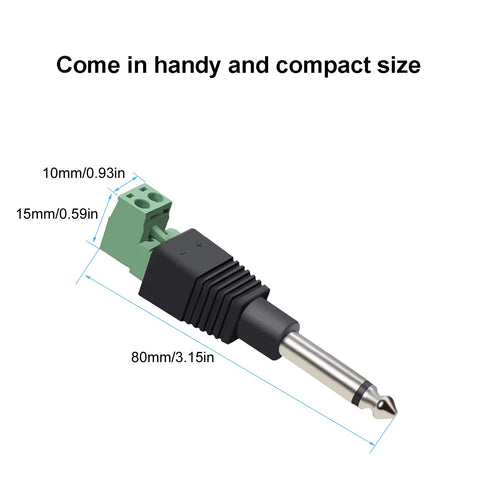 Heavy Duty No Sweat Solderless Quarter Inch Mono Audio Jack with dimensions for guitar amplifier wires installation.