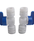 Two 3/8 inch push in ball valve fittings with blue levers, leak proof polypropylene material, quick connect for plumbing.