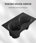 Slick White Silicone Cup Holder Tray For Tesla Model Y 2025 Center Console, flexible, double slot grips, designed for drink stability.