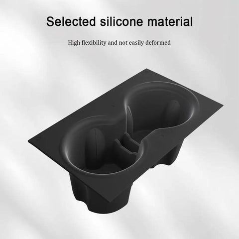 Slick White Silicone Cup Holder Tray For Tesla Model Y 2025 Center Console, flexible, double slot grips, designed for drink stability.