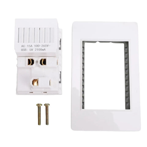 Sleek White Wall Outlet With Matching Backplate 15 Amp Electrical Receptacle shown with cover plate and screws.