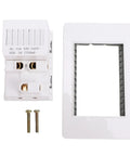White 15A Duplex Electrical Receptacle Outlet With Wall Plate And Dual USB Charging Ports, polycarbonate, includes screws.