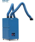 Premium Heavy Duty Welding Fume Extractor With Silent Pure Copper Motor And Flexible Stainless Steel Suction Arm in blue with dual flexible arms.