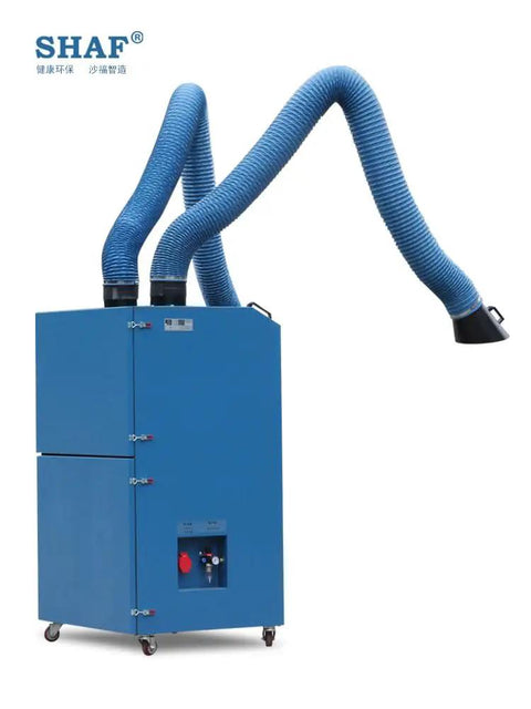 Premium Heavy Duty Welding Fume Extractor With Silent Pure Copper Motor And Flexible Stainless Steel Suction Arm in blue with dual flexible arms.