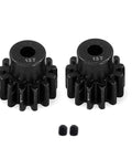 Beefed-Up 2 Pack 13-Tooth Hardened Steel Pinion Gear 32 Pitch 3mm Shaft Heavy-Duty Upgrade set with screws visible