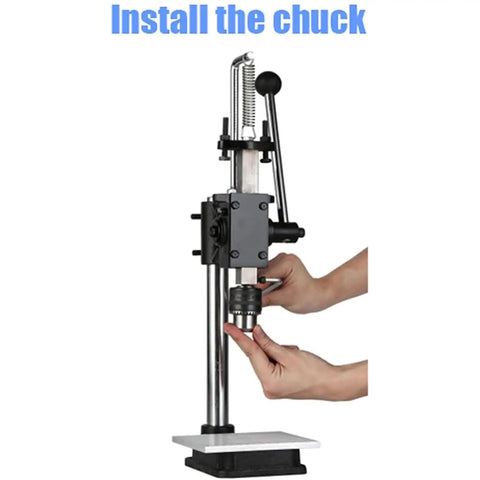Hands installing chuck on Kickass Hella Tough Industrial Grade Manual Arbor Press With Accurate Scale Plate And Quick Change Chuck.