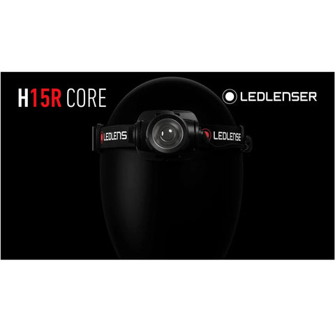 Front view of H15R Core Headlamp 2500 Lumen Helmet Light With Advanced Focus System IP67 Waterproof on mannequin head in dark setting.
