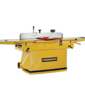 Powermatic jointer with yellow body, long table, and adjustable fence for precise woodworking, featuring helical head technology.