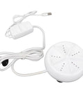 Compact Portable Mini Washing Machine With Turbine Tech For Clothes And Dishes Featuring Remote Control And Four Speeds, white portable washing device with USB cable.