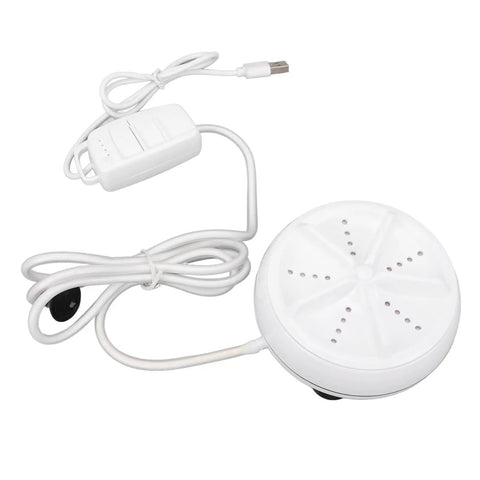 Compact Portable Mini Washing Machine With Turbine Tech For Clothes And Dishes Featuring Remote Control And Four Speeds, white portable washing device with USB cable.