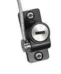 Close-up of Two Pack Window And Cabinet Safety Locks With Keys, durable stainless steel, kid-safe locking device with cable and screws visible.