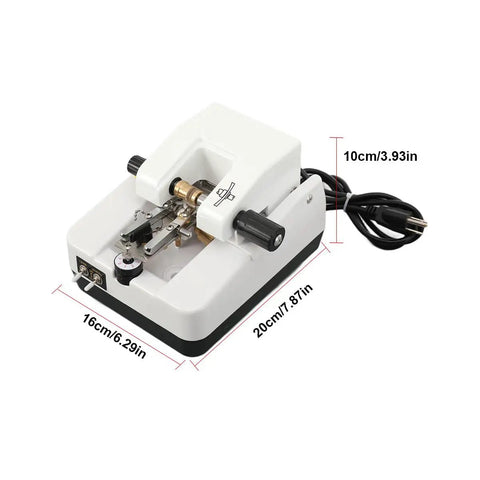 Tough As Nails Automatic Optical Lens Groover And Beveling Machine For Eyeglasses showing top view with measurements and power cord.
