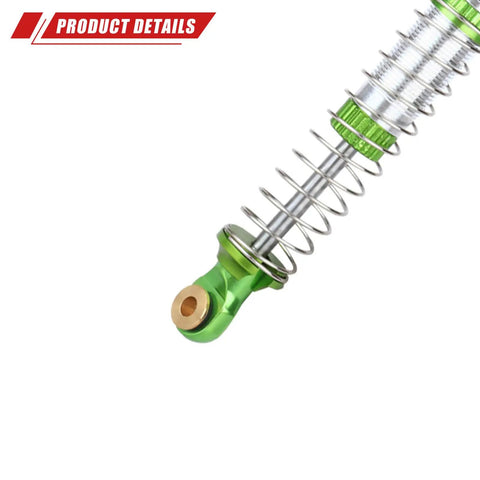 Close-up of green Lengthened Fifty Nine Millimeter Aluminum Oil Filled RC Shock Absorber Upgrade with Three Spring Options