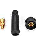 Top Tier Copper Welding Rapid Connector For DKJ Series Machines With Easy Change Adapter and Reliable Cable Hookup For Electric Power Supply Output Connection in Black Color, showing three parts including a black connector, gold fitting and adapter.