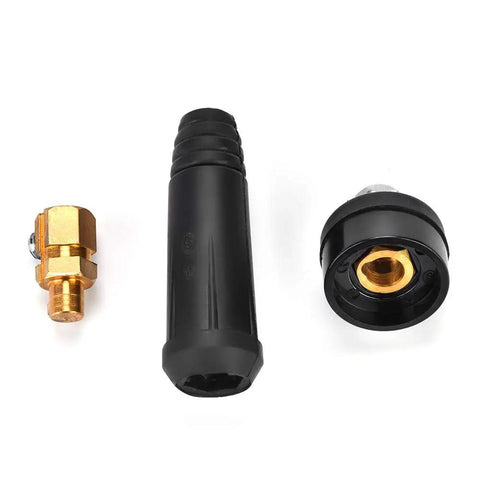 Top Tier Copper Welding Rapid Connector For DKJ Series Machines With Easy Change Adapter and Reliable Cable Hookup For Electric Power Supply Output Connection in Black Color, showing three parts including a black connector, gold fitting and adapter.