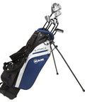 Junior Golf Club Set With Bag For Ages 10 To 12 14 Degree Driver With Lightweight Shaft visible in blue and black bag.