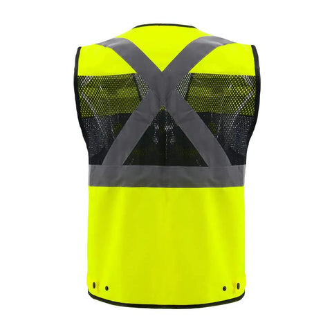 Men High Visibility Safety Vest With Seven Rugged Pockets And Secure Zip Closure Built Tough For The Daily Hustle Breathable Mesh Construction Workwear Compliant With Ansi Class 2 Safety Standards, back view showing mesh and reflective straps.