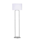 Duet Floor Lamp in brushed steel, 58 inch tall with 16 inch base, drum shade visible, modern home lighting, 3-way bulb ready, Art Deco style.