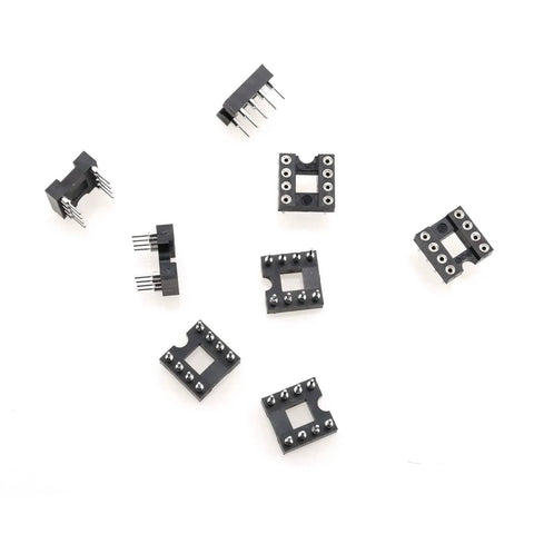 Various angles of DIP IC Socket 2.54mm Pitch 8 Pin 2 Row Soldering Adapter Pack Of 20 For Prototyping And Repairs, 7.6mm spacing, black finish.