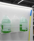 Heavy Duty Wall Mount Jug Storage Rack For 1 Gallon Jugs Wire Organizer holding three liquid containers