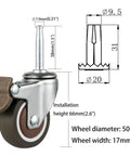Close-up of Rubber Caster Wheels 1.5 Inch Set Of 4 with 5/16 x 1-1/2 Inch Stems. Includes locking mechanism and dimension details.