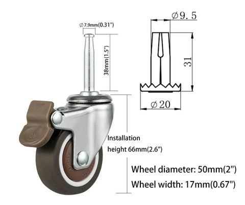 Close-up of Rubber Caster Wheels 1.5 Inch Set Of 4 with 5/16 x 1-1/2 Inch Stems. Includes locking mechanism and dimension details.