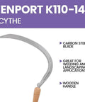 14 Inch Serrated Curved Blade Landscape Scythe With Wooden Handle For Easy Weeding And Lawn Care Carbon Steel Blade Built For Tough Garden Jobs Durable Yard Work Tool For Backyards displayed against a purple background with descriptive text.