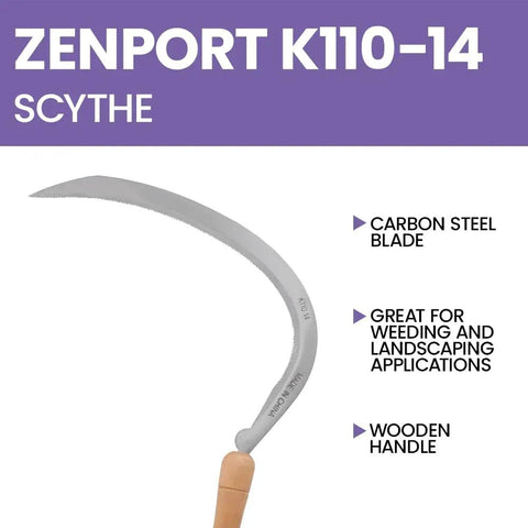 2 Pack 14 Inch Curved Serrated Scythe K110 with carbon steel blade and wooden handle for weeding and landscape work
