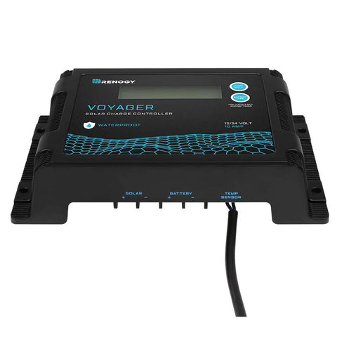 Black Renogy Voyager solar charge controller with temperature sensor cable