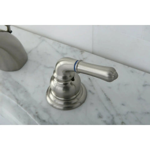 Magellan Mini Widespread Bathroom Faucet with brushed finish handle on marble countertop