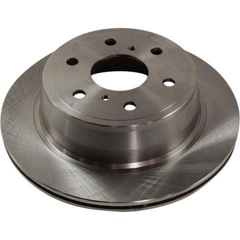 Front view of automotive brake rotor with central hub and bolt holes, metallic silver