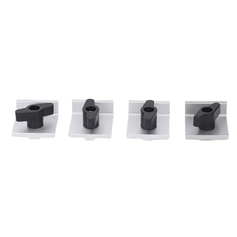 Bidirectional T Track Stop Block 4 Pack Pro Grade Aluminum Alloy With Silver Anodized Finish Low Profile Design For T Track Woodworking Jigs Fixtures And Clamping Setup, showing set of four stop blocks on white background