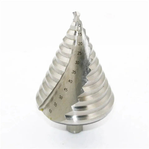 Built Like A Tank HSS Step Drill Bit 6-60mm spiral grooves showing diameter markings for precise hole cutting in metal and wood.