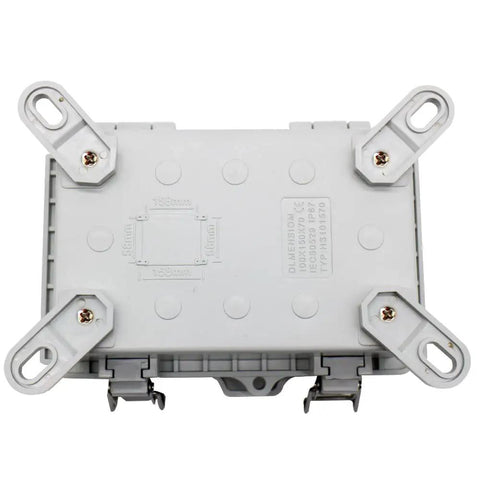 Grey Waterproof Outdoor Junction Box With Hinged Cover And Stainless Steel Latch Weatherproof PVC Enclosure For DIY Projects IP67 Rated Includes Mounting Plate And Wall Brackets 5.9 By 3.9 By 2.8 Inch, shown in bottom view