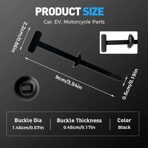 Size dimensions of Heavy Duty Self Locking Cable Tie Buckle Kit With Pin And Button, UV Resistant for car repairs, in black color.