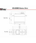 Technical drawing of HS-625MG Heavy Duty Competition Servo with side and top dimensions for RC cars and planes