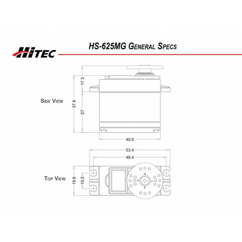 Technical drawing of HS-625MG Heavy Duty Competition Servo with side and top dimensions for RC cars and planes