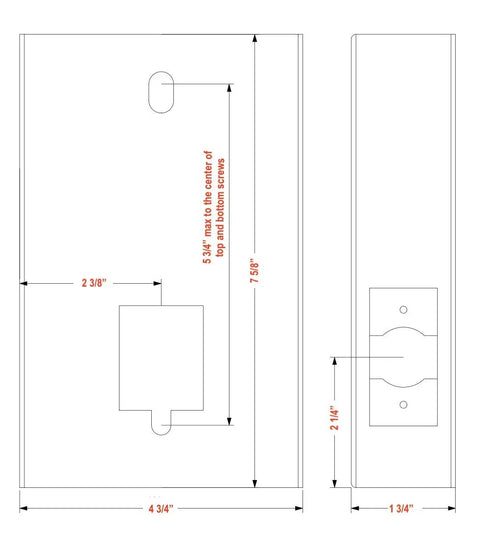 Technical drawing of Heavy Duty Steel Gate Lock Box For Metal Gates And Fences Precut Holes For Mechanical Combination Locks Backset Standard One And Three Quarters Inch Thick Not For Aluminum Gates Easy Install For Secure Gate Access showing dimensions