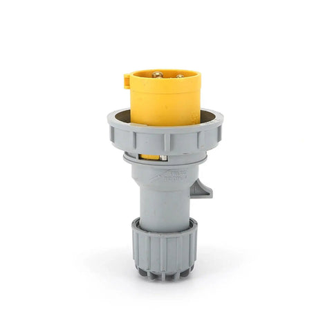 Industrial Waterproof And Dustproof Aviation Socket Three Core Power Connector 16A Or 32A, Weatherproof Electrical Socket For Heavy Duty Equipment, Outdoor Ready, Built Tough And Reliable. Grey and yellow three-core waterproof aviation socket connector