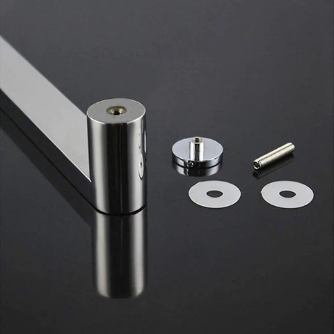 Glass Door Handle For Shower And Bathroom Doors, polished chrome bar and installation hardware on black surface