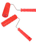 2 Pack Patterned Texture Paint Rollers With Cushioned Grips Crafted From Heavy Duty Rubber showcasing red rubber heads and ergonomic handles.